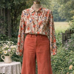 Vintage 1970s Floral Button-Up Blouse in Cream & Orange